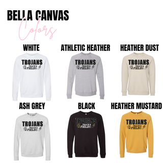 Topeka High Trojans Track and Field apparel displayed in Bella Canvas options including white, athletic heather, heather dust, ash grey, black, and heather mustard featuring stacked Trojans track lettering and track and field graphic design