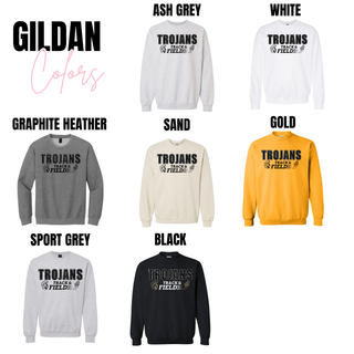 Topeka High Trojans Track and Field sweatshirt shown in Gildan options including ash grey, white, graphite heather, sand, gold, sport grey, and black with bold Trojans track and field graphic and mascot detail