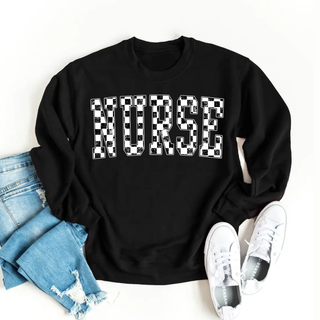 Black Distressed Checkered Nurse Crewneck