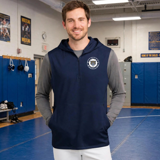 Model wearing a Topeka Wildcats Wrestling Club Circle Logo sleeveless hooded quarter-zip in Navy