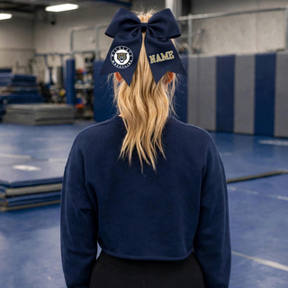 Topeka Wildcats Wrestling Club Circle Logo personalized cheer bow in Navy, worn in hair with NAME placeholder