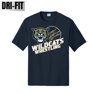 Topeka Wildcats Wrestling Club claw mark logo Dri-Fit performance tee in deep navy featuring the Wildcats mascot beside a claw-slashed circle graphic with Wildcats Wrestling lettering