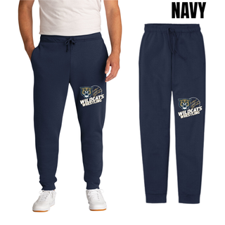Topeka Wildcats Wrestling Club claw mark logo core fleece joggers in navy with the Wildcats mascot and claw-slashed circle graphic on the left leg