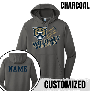 Topeka Wildcats Wrestling Club claw mark logo performance hoodie in charcoal with claw-slashed circle graphic on front and customizable name printed on the back