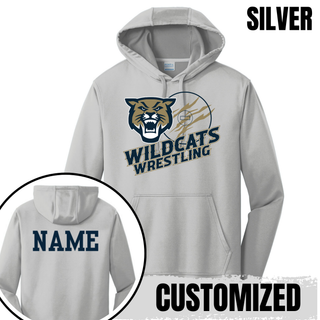 Topeka Wildcats Wrestling Club claw mark logo performance hoodie in silver with claw-slashed circle graphic on front and customizable name printed on the back