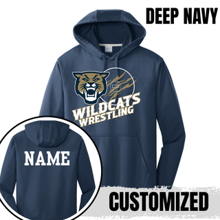 Topeka Wildcats Wrestling Club claw mark logo performance hoodie in deep navy with claw-slashed circle graphic on front and customizable name printed on the back