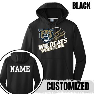 Topeka Wildcats Wrestling Club claw mark logo performance hoodie in black with claw-slashed circle graphic on front and customizable name printed on the back