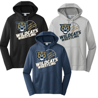 Topeka Wildcats Wrestling Club claw mark logo performance hoodie color lineup in black, silver, and deep navy