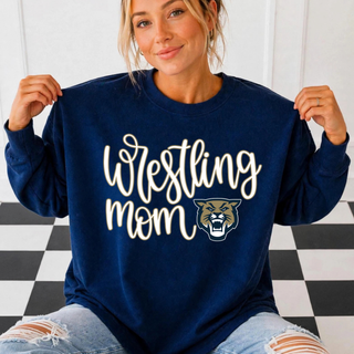 Topeka Wildcats Wrestling Club Wrestling Mom crewneck sweatshirt in navy with script Wrestling Mom lettering and the Wildcats mascot, modeled