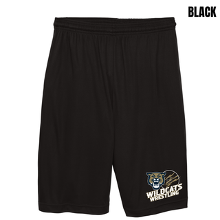 Topeka Wildcats Wrestling Club claw mark logo cooling performance shorts in black with the Wildcats mascot and claw-slashed circle graphic on the left leg