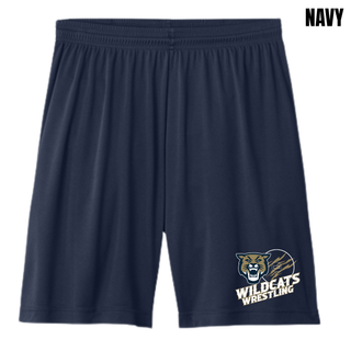 Topeka Wildcats Wrestling Club claw mark logo cooling performance shorts in navy with the Wildcats mascot and claw-slashed circle graphic on the left leg
