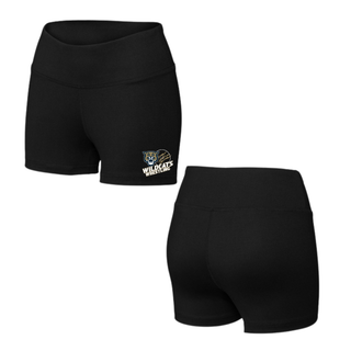 Topeka Wildcats Wrestling Club claw mark logo women's interval shorts in black, front and back view, with the claw-slashed circle graphic on the left leg