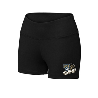 Topeka Wildcats Wrestling Club claw mark logo women's interval shorts in black with the Wildcats mascot and claw-slashed circle graphic, close-up view
