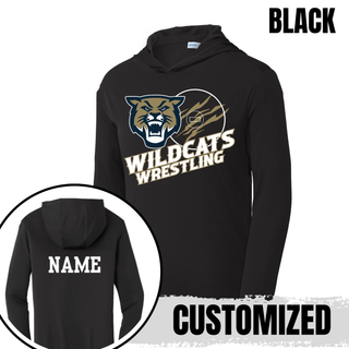 Topeka Wildcats Wrestling Club claw mark logo PosiCharge hooded pullover in black with claw-slashed circle graphic on front and customizable name printed on the back