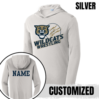 Topeka Wildcats Wrestling Club claw mark logo PosiCharge hooded pullover in silver with claw-slashed circle graphic on front and customizable name printed on the back