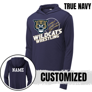 Topeka Wildcats Wrestling Club claw mark logo PosiCharge hooded pullover in true navy with claw-slashed circle graphic on front and customizable name printed on the back