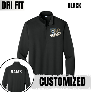 Topeka Wildcats Wrestling Club claw mark logo PosiCharge quarter-zip in black with claw-slashed circle graphic on front and customizable name printed on the back
