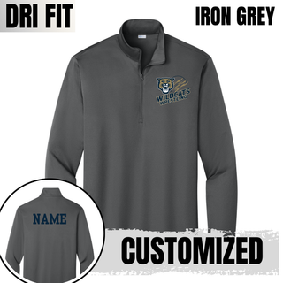Topeka Wildcats Wrestling Club claw mark logo PosiCharge quarter-zip in iron grey with claw-slashed circle graphic on front and customizable name printed on the back