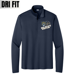 Topeka Wildcats Wrestling Club claw mark logo PosiCharge quarter-zip in true navy with claw-slashed circle graphic on front, alternate view
