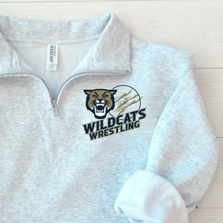 Topeka Wildcats Wrestling Club claw mark logo Jerzees cadet quarter-zip in ash grey heather fleece, flat lay close-up