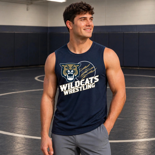 Topeka Wildcats Wrestling Club Claw Mark Logo PosiCharge Competitor tank in navy, worn by a model