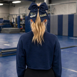 Topeka Wildcats Wrestling Club Claw Mark Logo Personalized Cheer Bow in Navy, worn in hair