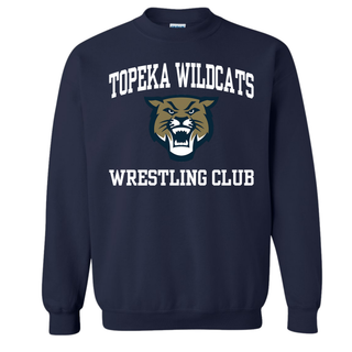 Topeka Wildcats Wrestling Club arched logo navy crewneck sweatshirt with Wildcats mascot graphic