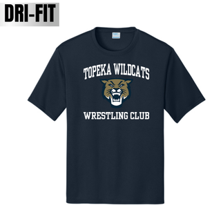 Topeka Wildcats Wrestling Club arched logo Dri-Fit performance tee in deep navy with Wildcats mascot graphic