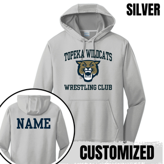 Topeka Wildcats Wrestling Club arched logo performance hoodie in silver with Wildcats mascot graphic and custom name on back
