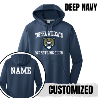 Topeka Wildcats Wrestling Club arched logo performance hoodie in deep navy with Wildcats mascot graphic and custom name on back