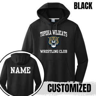 Topeka Wildcats Wrestling Club arched logo performance hoodie in black with Wildcats mascot graphic and custom name on back