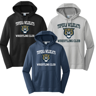 Topeka Wildcats Wrestling Club arched logo performance hoodie color options: black, silver, and deep navy