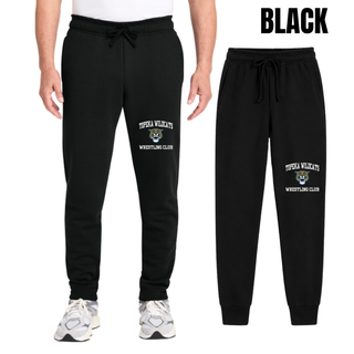 Topeka Wildcats Wrestling Club arched logo black core fleece joggers with Wildcats mascot graphic on left leg