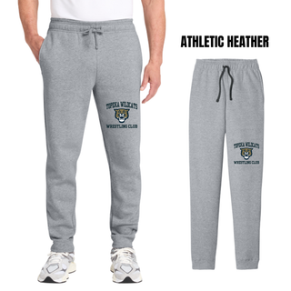 Topeka Wildcats Wrestling Club arched logo athletic heather grey core fleece joggers with Wildcats mascot graphic on left leg