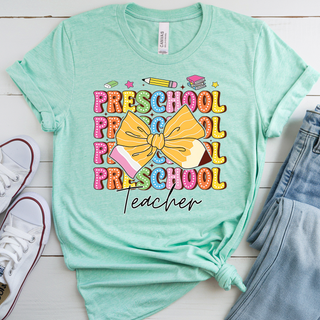 Stacked Preschool Teacher Pencil Bow Graphic Tee