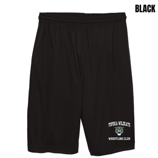 Topeka Wildcats Wrestling Club arched logo black cooling performance shorts with Wildcats mascot graphic on left leg