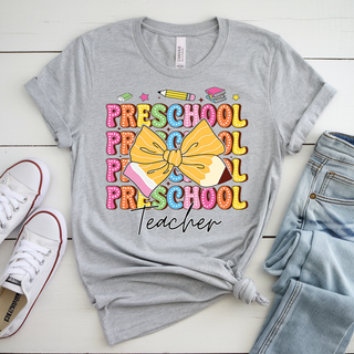 Stacked Preschool Teacher Pencil Bow Graphic Tee