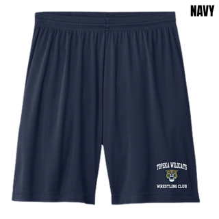 Topeka Wildcats Wrestling Club arched logo navy cooling performance shorts with Wildcats mascot graphic on left leg