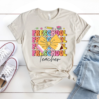 Stacked Preschool Teacher Pencil Bow Graphic Tee