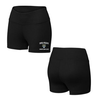 Topeka Wildcats Wrestling Club arched logo black women's interval performance shorts with Wildcats mascot graphic on left leg