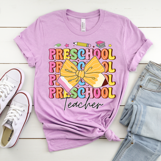 Stacked Preschool Teacher Pencil Bow Graphic Tee