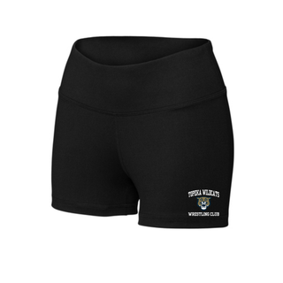 Topeka Wildcats Wrestling Club arched logo black women's interval performance shorts front view with Wildcats mascot graphic