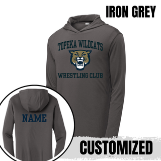 Topeka Wildcats Wrestling Club arched logo iron grey PosiCharge hooded pullover with Wildcats mascot graphic and personalized name on back