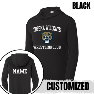 Topeka Wildcats Wrestling Club arched logo black PosiCharge hooded pullover with Wildcats mascot graphic and personalized name on back