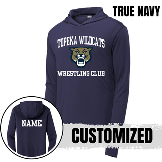 Topeka Wildcats Wrestling Club arched logo true navy PosiCharge hooded pullover with Wildcats mascot graphic and personalized name on back