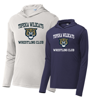 Topeka Wildcats Wrestling Club arched logo PosiCharge hooded pullovers in silver and true navy with personalized name on back