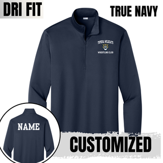 Topeka Wildcats Wrestling Club arched logo true navy PosiCharge quarter-zip with Wildcats mascot graphic and personalized name on back