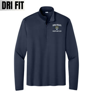 Topeka Wildcats Wrestling Club arched logo navy PosiCharge quarter-zip flat lay with Wildcats mascot graphic on chest