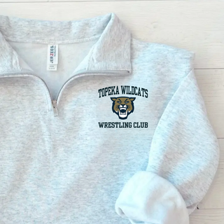 Topeka Wildcats Wrestling Club arched logo grey cadet collar quarter-zip fleece with Wildcats mascot graphic on left chest