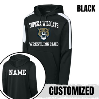 Topeka Wildcats Wrestling Club arched logo black and white colorblock pullover hoodie with Wildcats mascot graphic and personalized name on back
